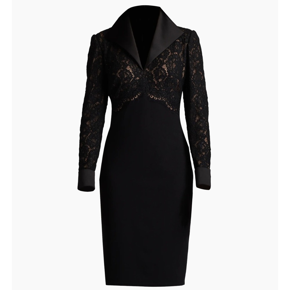 New Tadashi Shoji Lace and Crepe Sheath Dress Black Beige Size 10 $358
